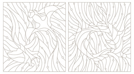 Set contour illustrations of stained glass fish hammerhead and manta rays on the background of water and air bubble