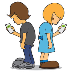 Cartoon boy and girl are using their cell phones to text to each other