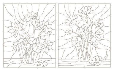Obraz premium Set contour illustrations of the stained glass bouquet of poppies and sunflowers in a vase