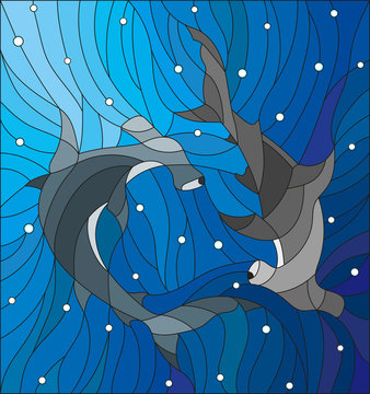 Illustration In The Style Of Stained Glass With Two Fish Hammers On The Background Of Water And Air Bubbles Stock Vector Adobe Stock
