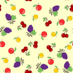 Seamless background with fruits-apples, grapes and cherries. Vector