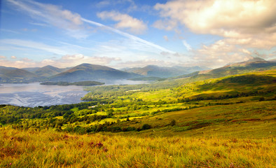 Loch Lomond seen from the hills above the scenic village of Balmaha.