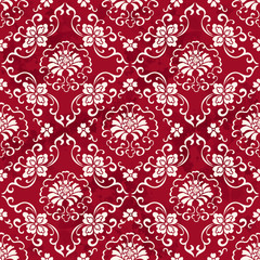 Seamless Vintage Red Chinese Background Botanic Cross Spiral Flower Vine