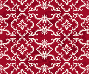 Fototapeta premium Seamless Vintage Red Chinese Background Botanic Curve Frame Flower