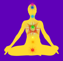 Lotus pose yellow mandala. Padmasana with colored chakra points