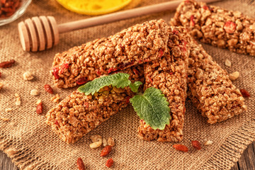 Homemade muesli bars with fruit and nuts.