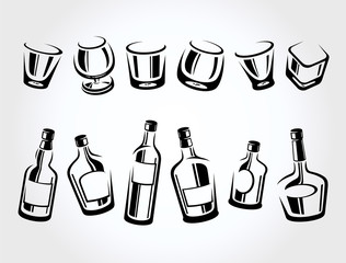 Whiskey bottle and glass set. Vector