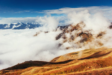 Thick fog on the mountain pass Goulet. Georgia, Svaneti. Europe.