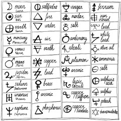 Table of hand drawn alchemy symbols. - 137492131
