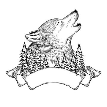  illustration of a howling wolf with ribbon