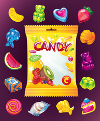 Jelly candy vector colour set and packaging