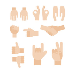 Set of abstract hands. Different gestures, handshake, signals. Icons and symbols
