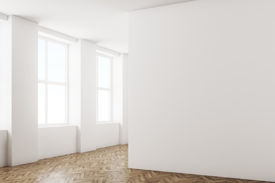Empty room corner white walls, wooden floor