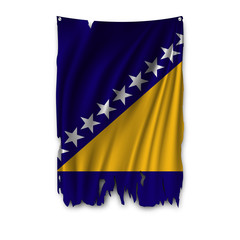 Torn by the wind national flag of Bosnia and Herzegovina. Ragged. The wavy fabric on white background. Realistic vector illustration.