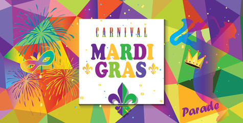 Mardi Gras Carnival, Music Festival, Masquerade poster, invitation design. Vector Funfair, parade funny tickets, banners design with confetti, musicians, carnival mask, crown, fleur de lis symbols