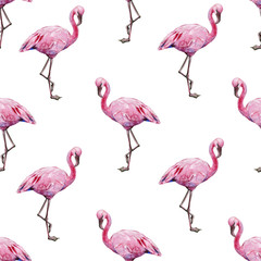 Obraz premium Seamless watercolor illustration of tropical pink flamingo birds. Trendy pattern with tropic summertime motif. Exotic Hawaii art background. Design for fabric and decor.