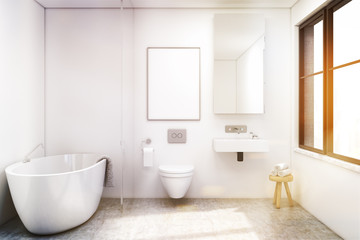Fototapeta na wymiar Front view of bathroom with a tub, toned