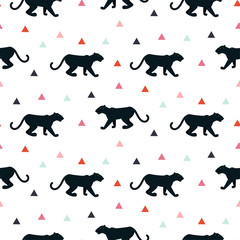 Silhouette of leopard seamless white pattern. Black wild cat on white background with pink triangles.
