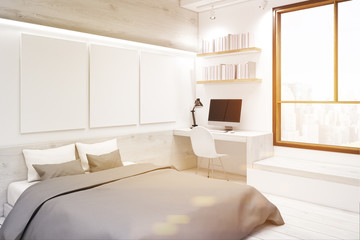 Fototapeta na wymiar White bedroom with picture gallery, corner, toned