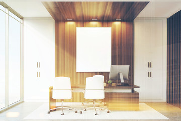 CEO office with wood and panoramic windows, toned