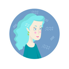 Woman cartoon portrait representing Aquarius Zodiac Sign
