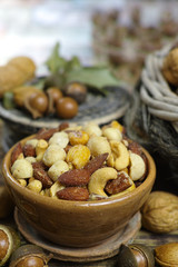 Roasted salted nuts mix, snack from macadamia, walnotes and almonds