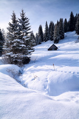 old wooden hut in snowy mountains