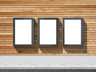 Obraz na płótnie Canvas Three empty Lightboxes Mockup on the wooden wall, advertising billboard, 3d rendering