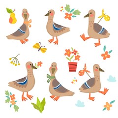 Vector set of cartoonish characters and floral elements.