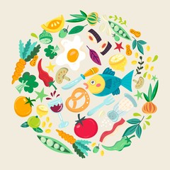 Vector bright illustration of heart made of food illustrations.