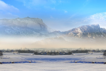 Krajobraz zimowy, wieś, góry.
