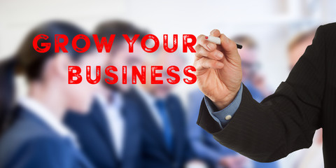 Grow your Business, man hand writing with team