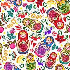 Vector bright seamless pattern of Russian dolls and floral elements.