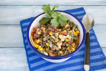 Delicious salad of lentils, vegetables and seafood