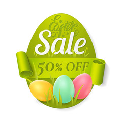 Easter sale poster with colored eggs, grass and green ribbon. Vector template for banners design with discounts offers. Isolated from the background.