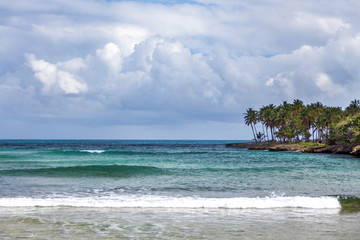 Incredible seaside view in Dominican Republic. Ocean, green grass, palms and blue sky with white clouds	