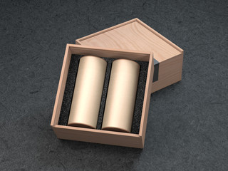 Two paper cardboard Can Mockup in Wooden Box on Black background, 3d rendering