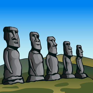 Easter Island. Stone idols. The story of the lost civilization. Vector Image.
