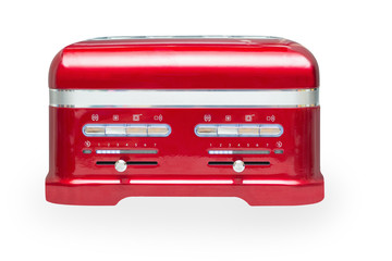 front view of vivid red four bread slices toaster isolated on white background with shadow