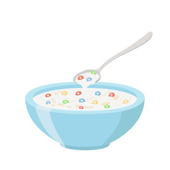 Cereal rings, spoon and bowl. Oatmeal organic breakfast. Flat style.