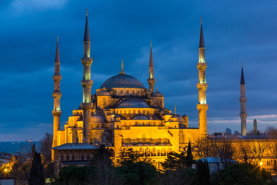 Sultan Ahmed Mosque (Blue Mosque) in Istanbul  on a sunset in evening illumination