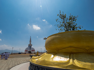 Bodhi Tree at Nelligala International Buddhist Center with White Stupa Dagoba Dagabo and pilgrims...