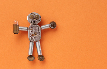 Mechanical cogs wheels character made of clockwork gears and elements. Funny abstract toy with...