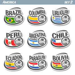 Vector set icons of Flags American National Teams with Soccer ball: teams countries centennial Cup America or copa america centenario, south american football national logo flags for soccer tournament