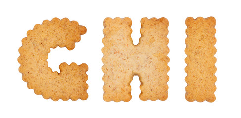 Cookie alphabet symbols GHI isolated on white background. GHI from full alphabet set