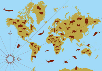 World contour map with animals