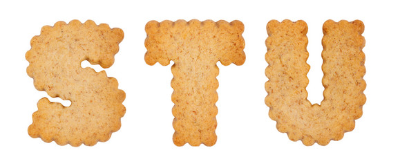 Cookie alphabet symbols STU isolated on white background. STU from full alphabet set