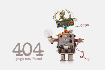 Oops 404 error page not found. Futuristic robot concept with electrical wire hairstyle. Circuits socket chip toy mechanism, funny head, colored eyes, light bulb in hand. beige background - obrazy, fototapety, plakaty