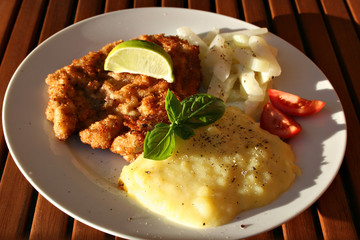 organisch, lifestyle, schnitzel, kartoffelbrei, beilage, 