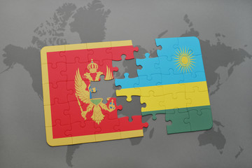 puzzle with the national flag of montenegro and rwanda on a world map